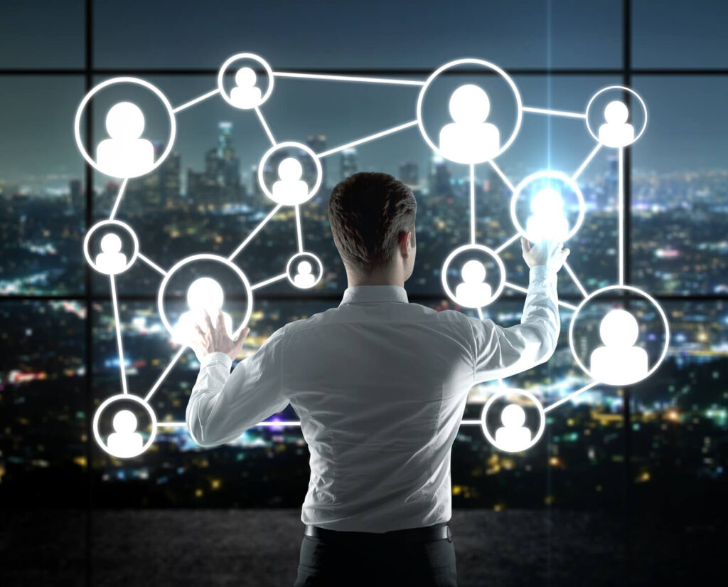 HR management solutions with connected network visualization.